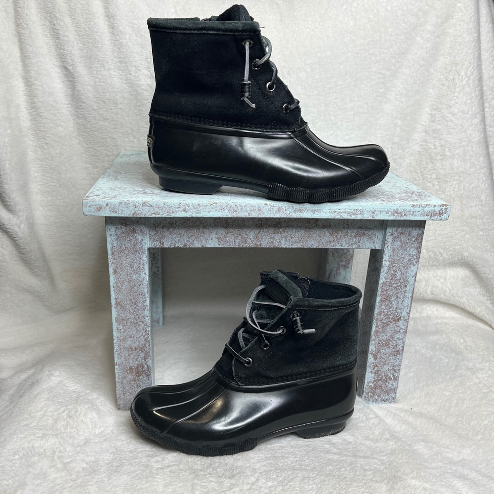 Sperry Women's Black Waterproof Rubber Duck Boots‎ Lace Up Side Zip